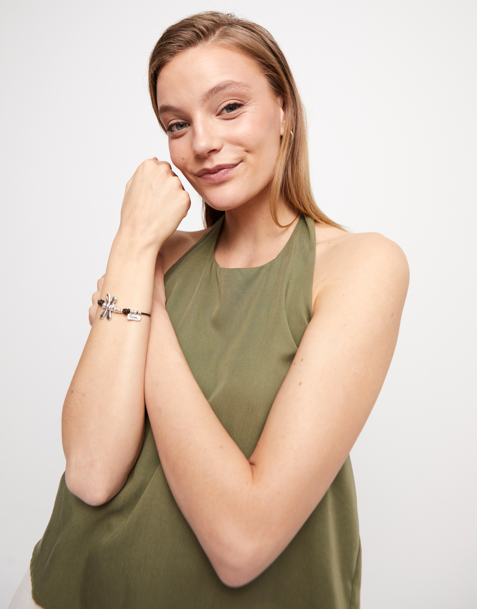 Leather bracelet with sterling silver-plated dragonfly, Silver, large thumbnail